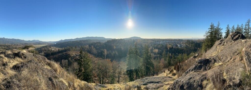 Panoramisch uitzicht op een beboste overgang tussen heuvels en bebouwing